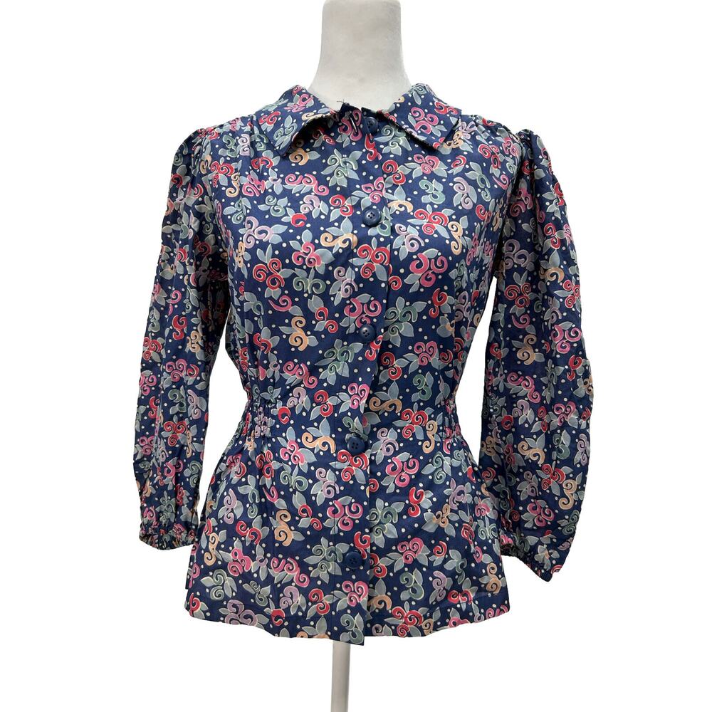 SAINT LAURENT Rive Gauche Vintage‎ Womens Size 36 Blue Floral Button Blouse Bow